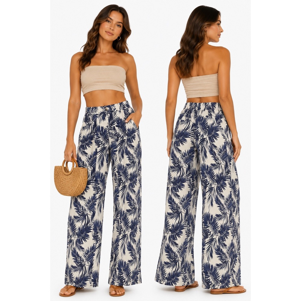 Panama Jack Wide Leg Pants Womens Small Blue White Tropical Linen‎ Blend Summer